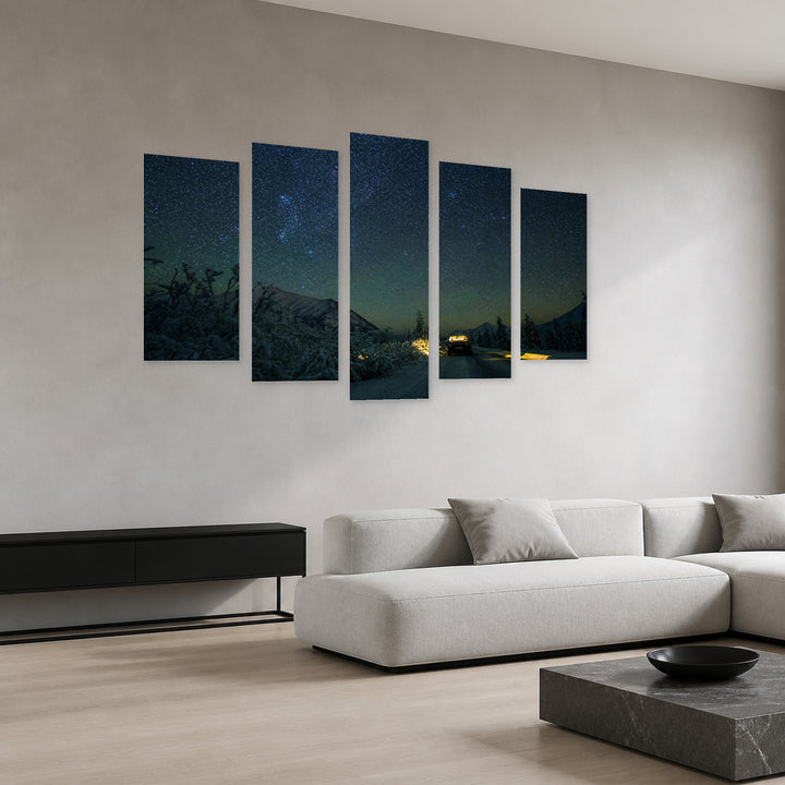 Starry Sky at Night — five-panel wall art in perspective interior | 5wallart 55478 M2