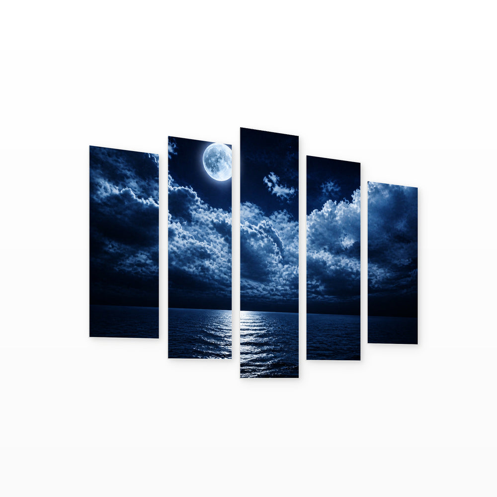 Full Moon over the Sea in Serene Light — five-panel wall art on white background in perspective | 5wallart 55480 M1