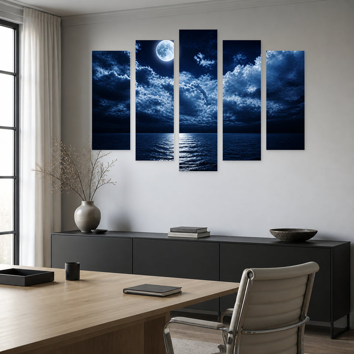 Full Moon over the Sea in Serene Light — five-panel wall art in frontal interior | 5wallart 55480 M3