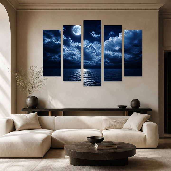 Full Moon over the Sea in Serene Light — five-panel wall art in alternate frontal interior | 5wallart 55480 M4