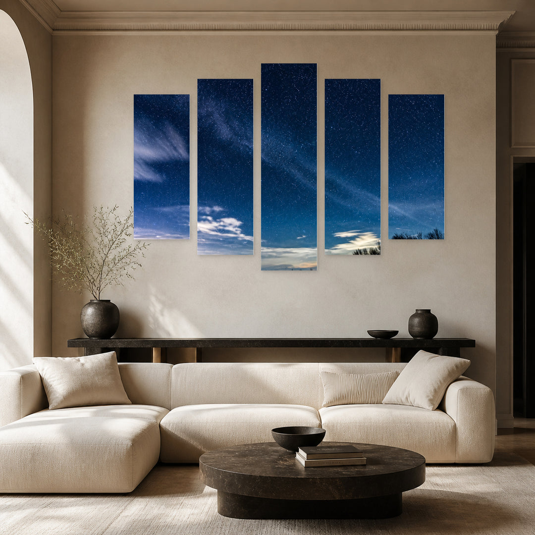Starry Sky in Serene Light — five-panel wall art in frontal interior | 5wallart 55481 M3