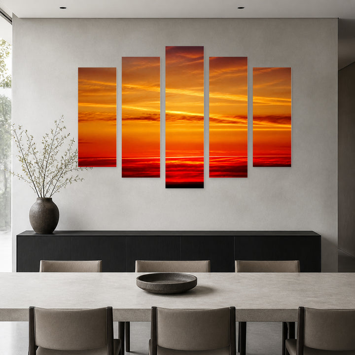 Fiery Sky with Dramatic Contrast — five-panel wall art in frontal interior | 5wallart 55482 M3