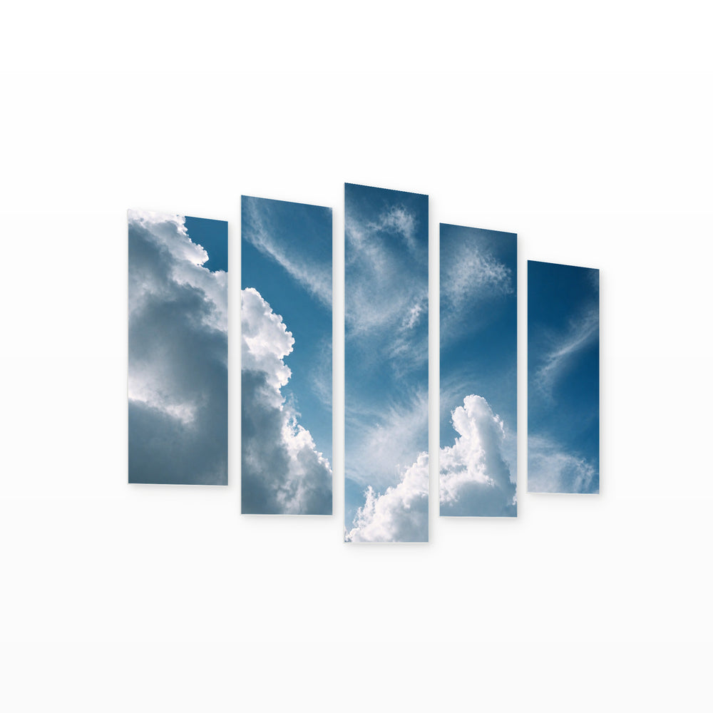 Blue Cloudy Sky in Serene Light — five-panel wall art on white background in perspective | 5wallart 55483 M1