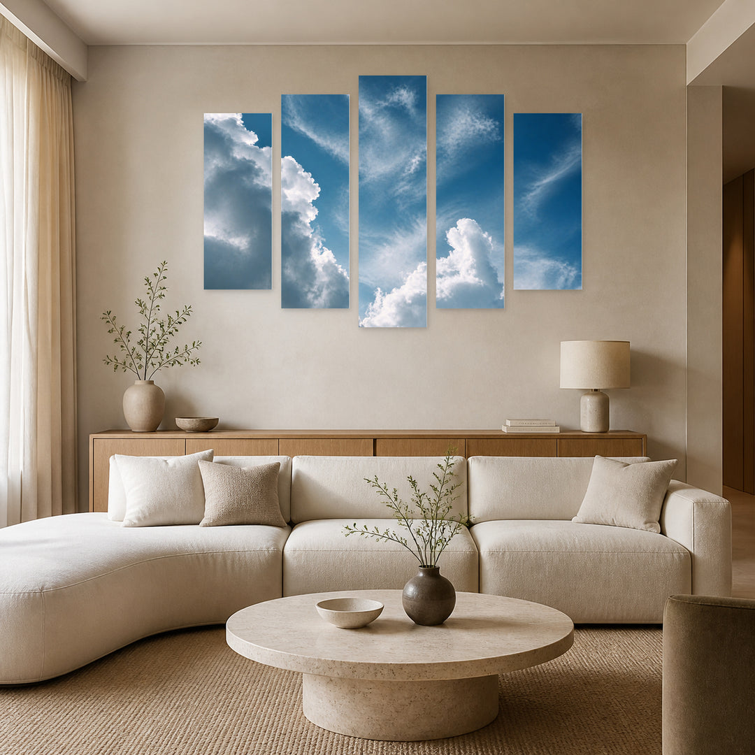 Blue Cloudy Sky in Serene Light — five-panel wall art in frontal interior | 5wallart 55483 M3