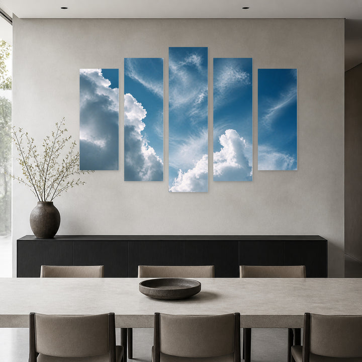 Blue Cloudy Sky in Serene Light — five-panel wall art in alternate frontal interior | 5wallart 55483 M4
