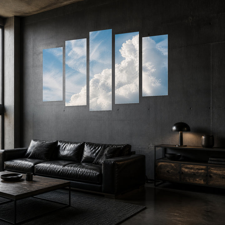 White Fluffy Clouds in Soft Pastels — five-panel wall art in perspective interior | 5wallart 55484 M2