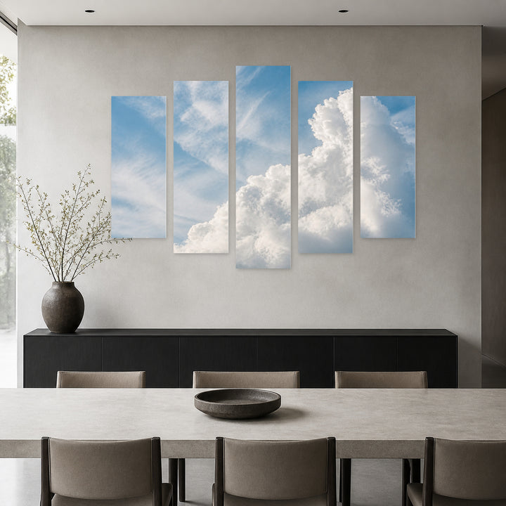 White Fluffy Clouds in Soft Pastels — five-panel wall art in frontal interior | 5wallart 55484 M3