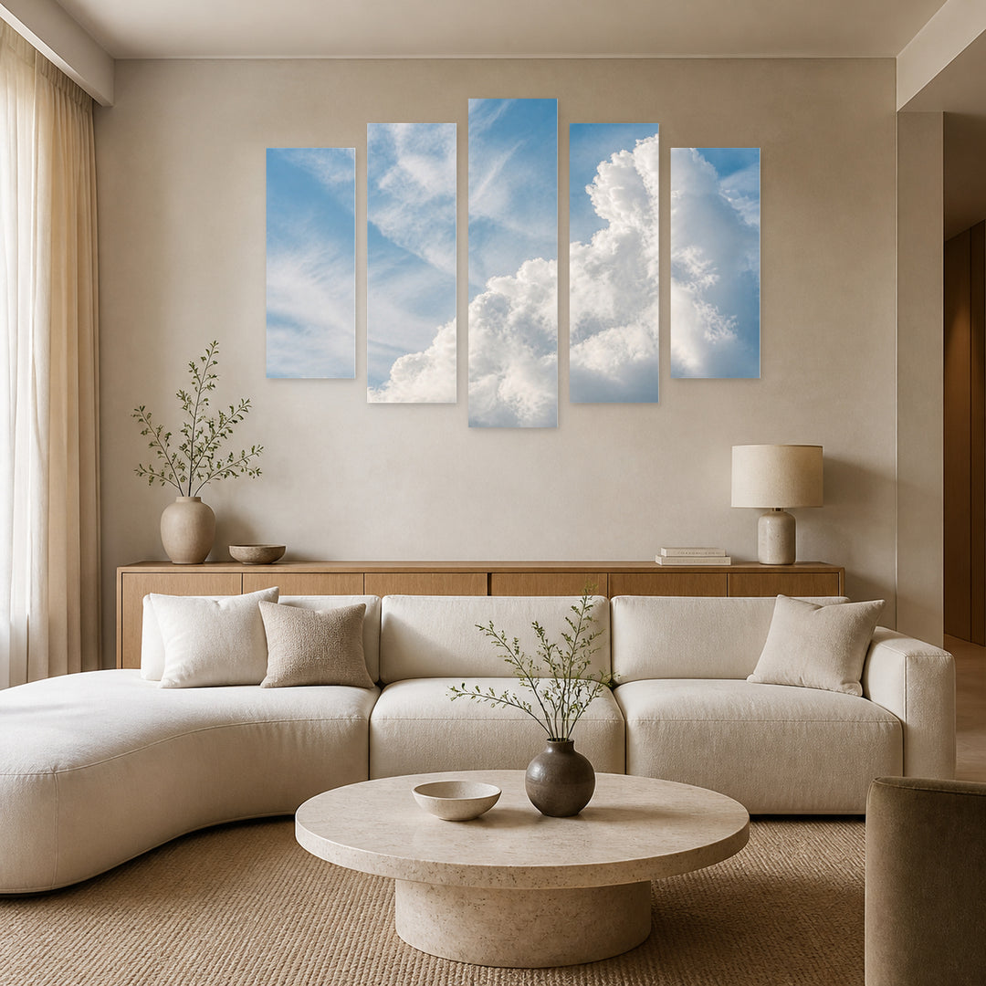 White Fluffy Clouds in Soft Pastels — five-panel wall art in alternate frontal interior | 5wallart 55484 M4