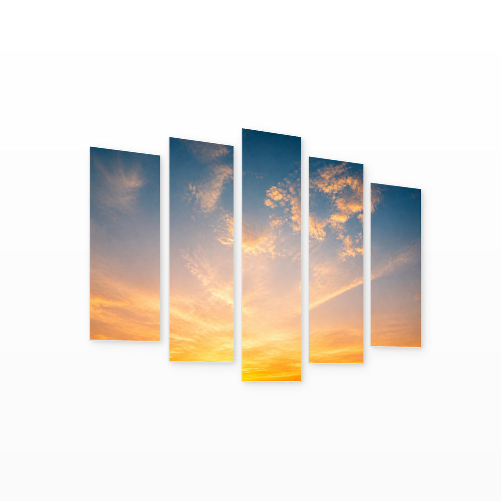 Golden Sunset over Colorful Sky — five-panel wall art on white background in perspective | 5wallart 55485 M1