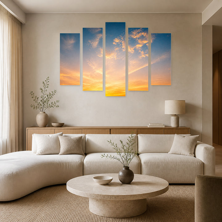 Golden Sunset over Colorful Sky — five-panel wall art in frontal interior | 5wallart 55485 M3