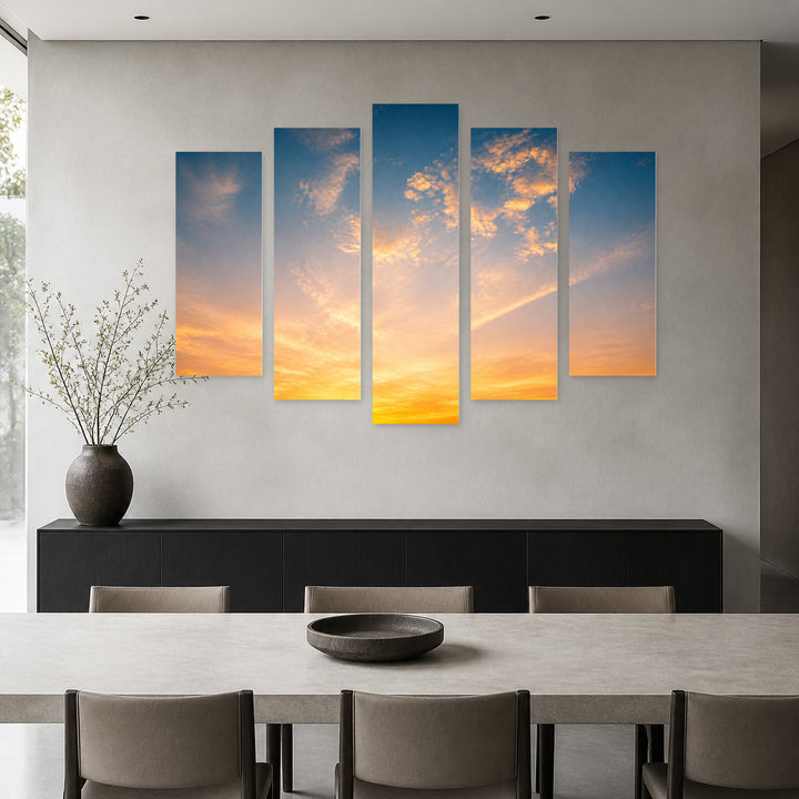 Golden Sunset over Colorful Sky — five-panel wall art in alternate frontal interior | 5wallart 55485 M4