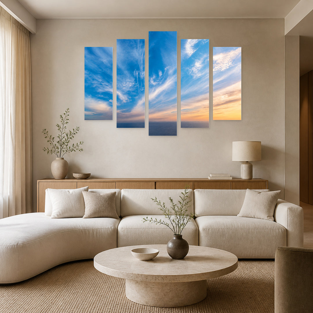 Sky Background in Serene Light — five-panel wall art in alternate frontal interior | 5wallart 55486 M4