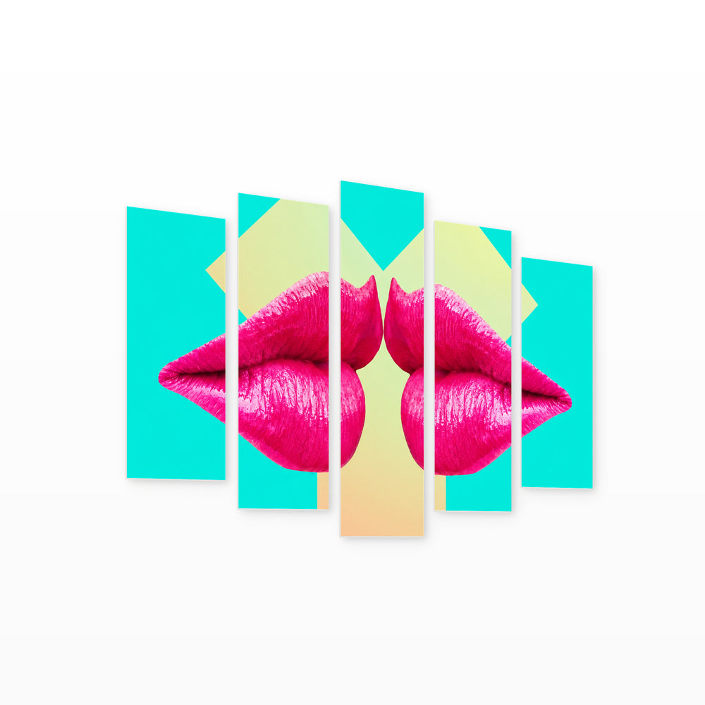 Contemporary Art Style Lips Collage in Vivid Color — five-panel wall art on white background in perspective | 5wallart 55487 M1
