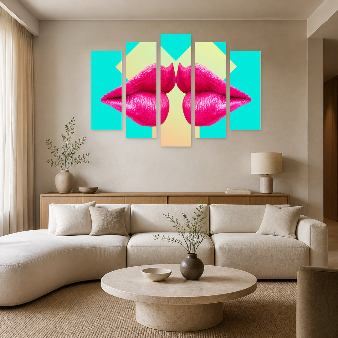 Contemporary Art Style Lips Collage in Vivid Color — five-panel wall art in frontal interior | 5wallart 55487 M3