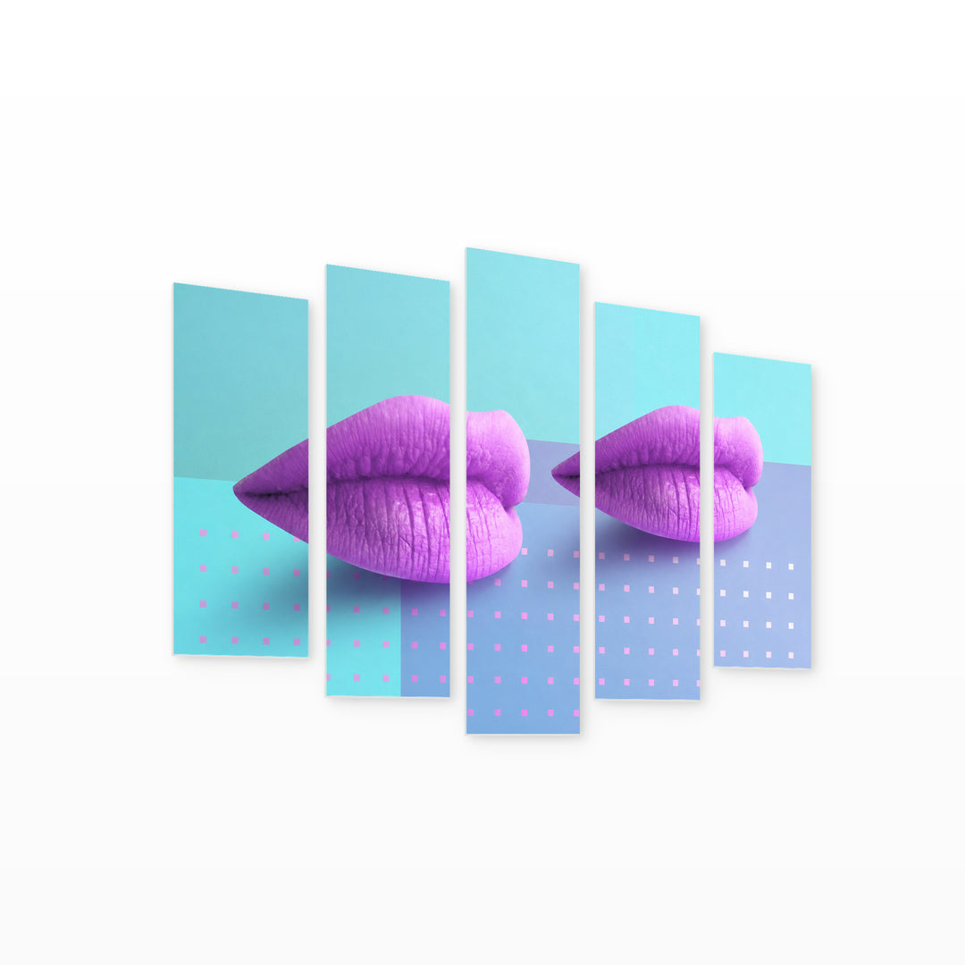 Minimalist Purple Lips Collage Modern Composition — five-panel wall art on white background in perspective | 5wallart 55488 M1