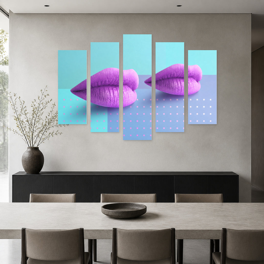 Minimalist Purple Lips Collage Modern Composition — five-panel wall art in frontal interior | 5wallart 55488 M3
