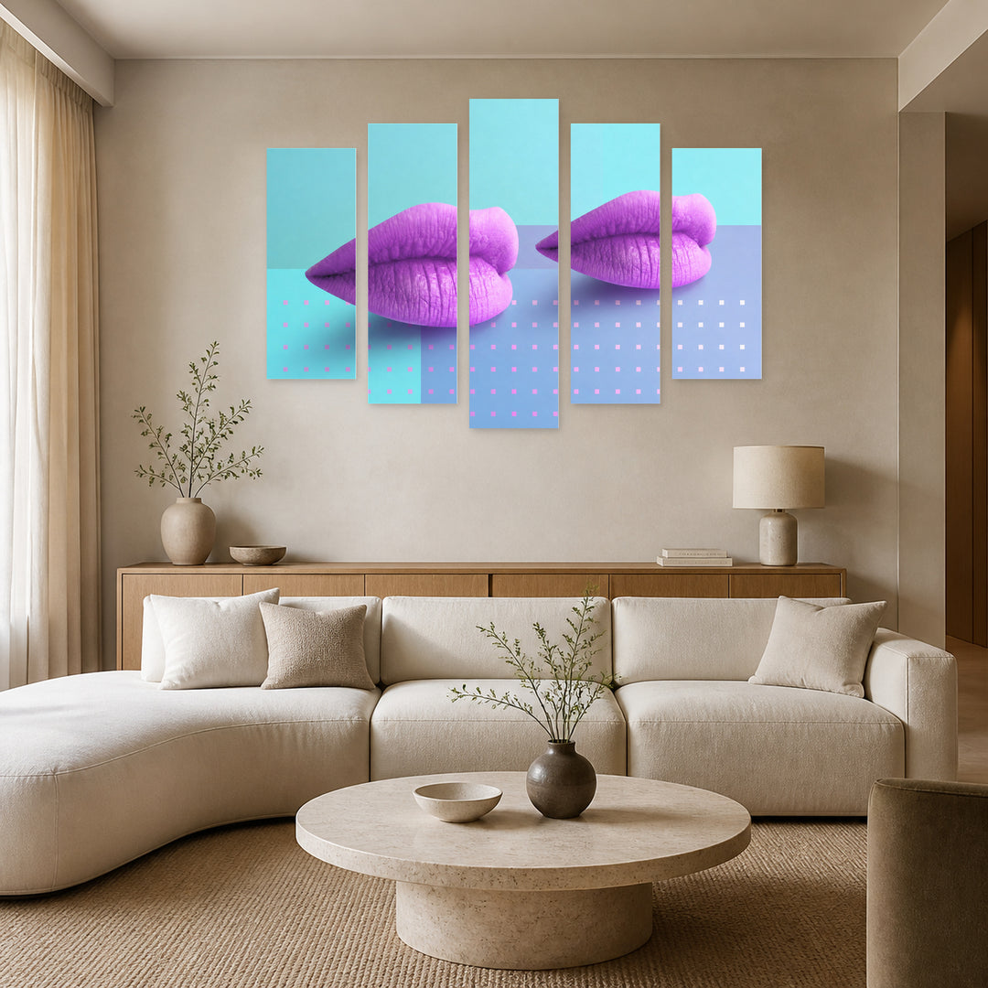 Minimalist Purple Lips Collage Modern Composition — five-panel wall art in alternate frontal interior | 5wallart 55488 M4