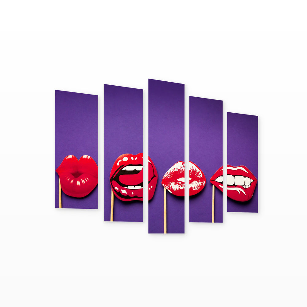 Pop Art Lips at Night — five-panel wall art on white background in perspective | 5wallart 55489 M1