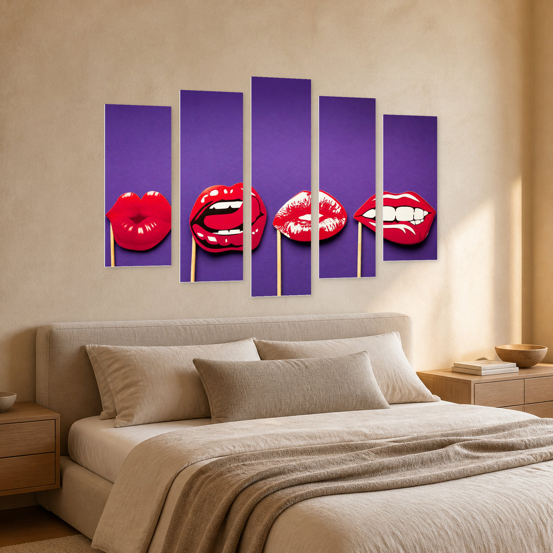 Pop Art Lips at Night — five-panel wall art in perspective interior | 5wallart 55489 M2