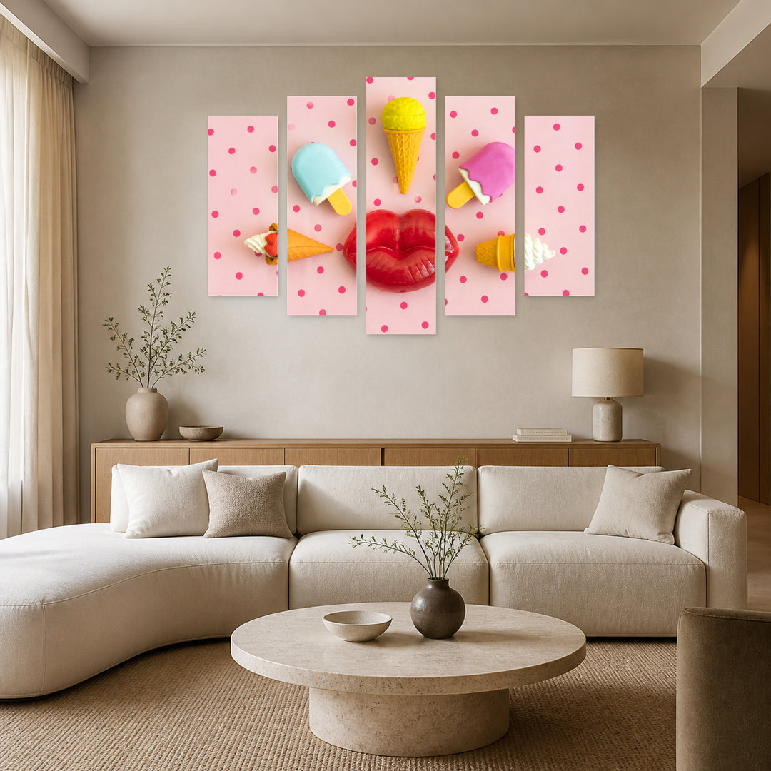Colorful Concept with Ice Creams with Geometric Rhythm — five-panel wall art in frontal interior | 5wallart 55491 M3