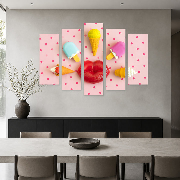 Colorful Concept with Ice Creams with Geometric Rhythm — five-panel wall art in alternate frontal interior | 5wallart 55491 M4