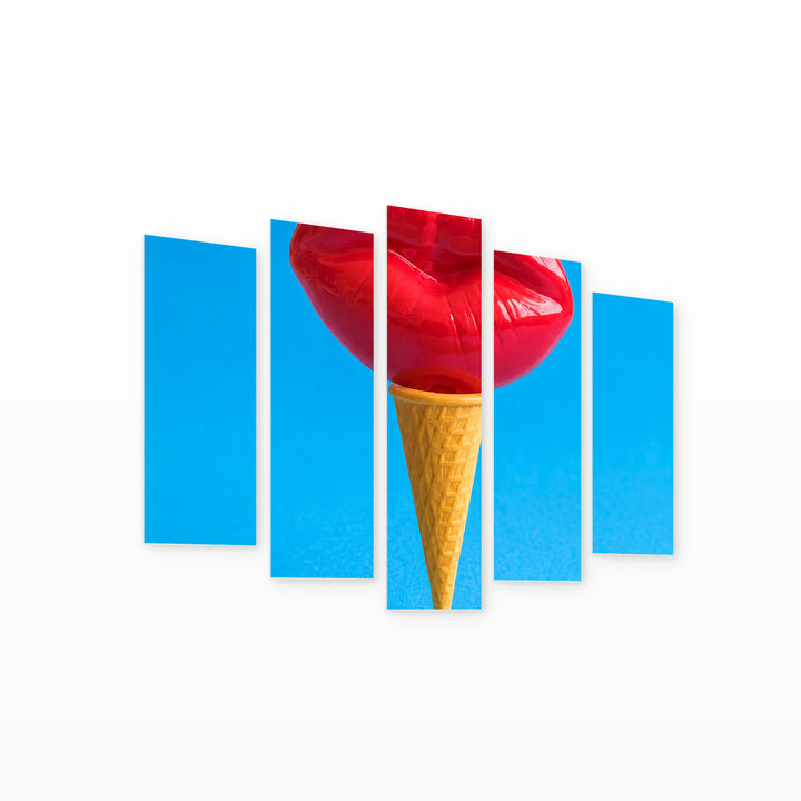 Abstract Ice Cream with Lips with Geometric Rhythm — five-panel wall art on white background in perspective | 5wallart 55492 M1