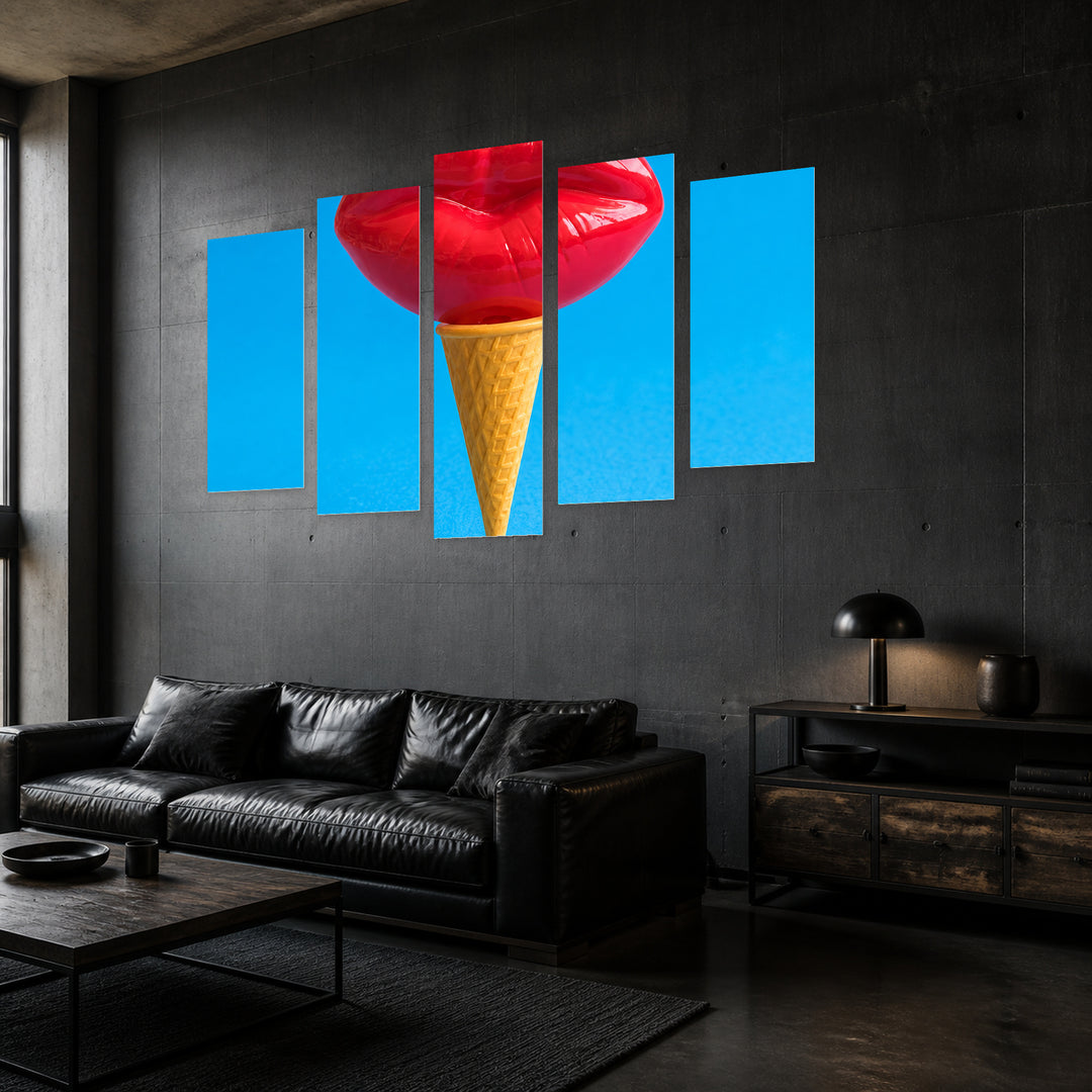 Abstract Ice Cream with Lips with Geometric Rhythm — five-panel wall art in perspective interior | 5wallart 55492 M2