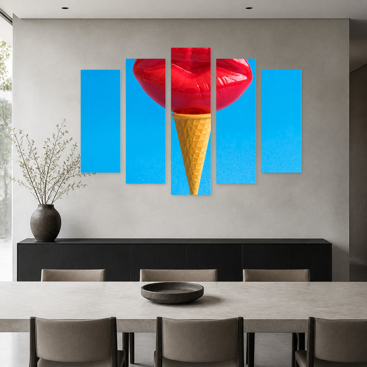 Abstract Ice Cream with Lips with Geometric Rhythm — five-panel wall art in frontal interior | 5wallart 55492 M3