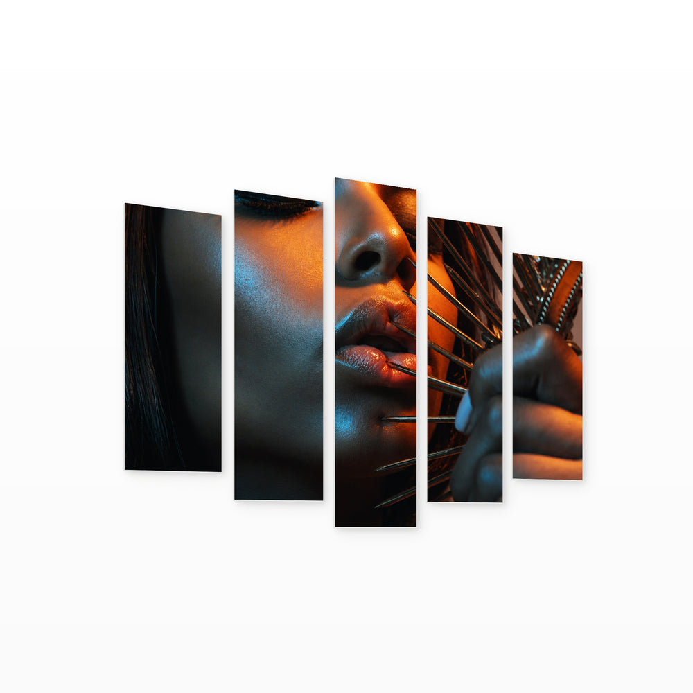 Dangerous Needles on Lips with Dramatic Contrast — five-panel wall art on white background in perspective | 5wallart 55494 M1