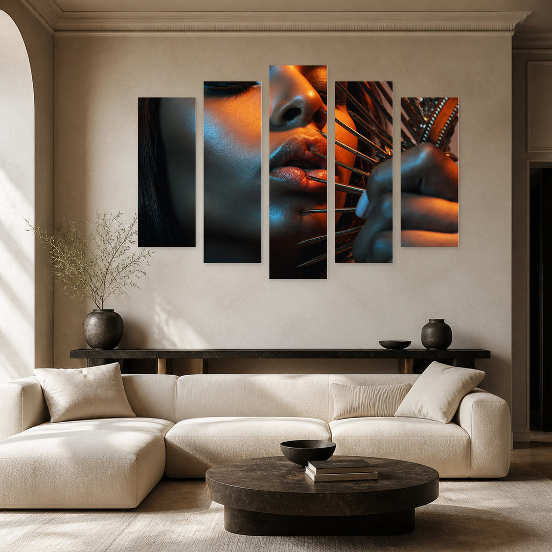 Dangerous Needles on Lips with Dramatic Contrast — five-panel wall art in alternate frontal interior | 5wallart 55494 M4