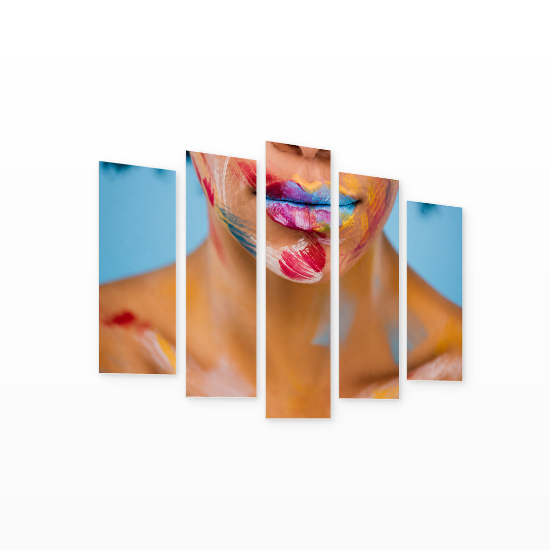 Art on Female Lips with Dramatic Contrast — five-panel wall art on white background in perspective | 5wallart 55495 M1
