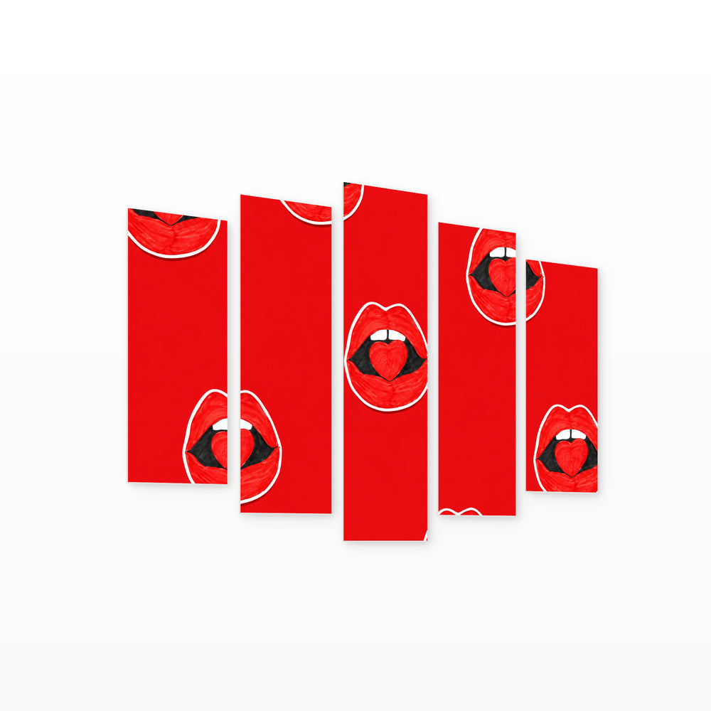 Background with Red Lips and Hearts Modern Composition — five-panel wall art on white background in perspective | 5wallart 55496 M1