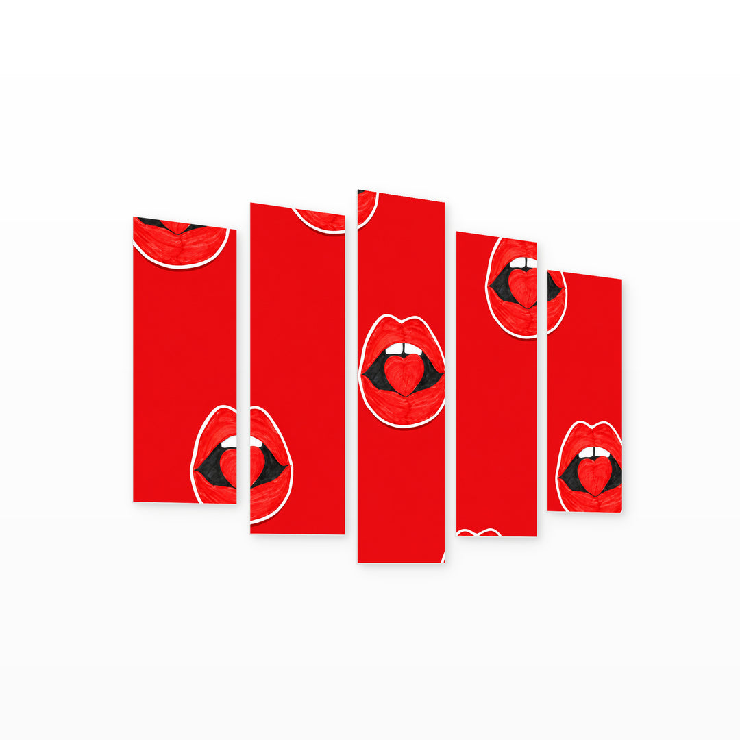 Background with Red Lips and Hearts Modern Composition — five-panel wall art on white background in perspective | 5wallart 55496 M1