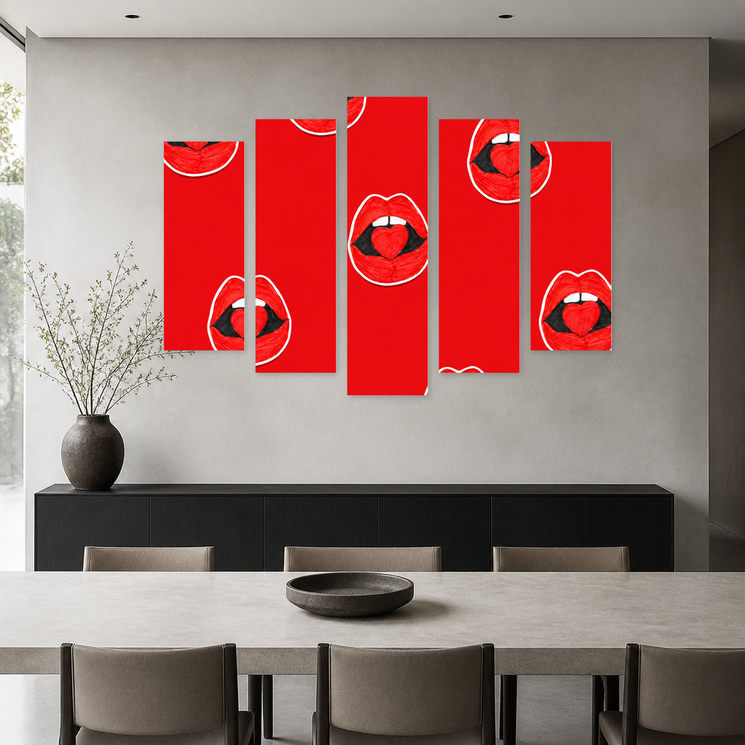 Background with Red Lips and Hearts Modern Composition — five-panel wall art in frontal interior | 5wallart 55496 M3
