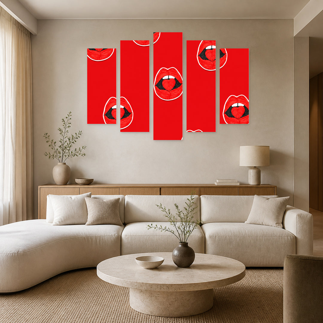 Background with Red Lips and Hearts Modern Composition — five-panel wall art in alternate frontal interior | 5wallart 55496 M4
