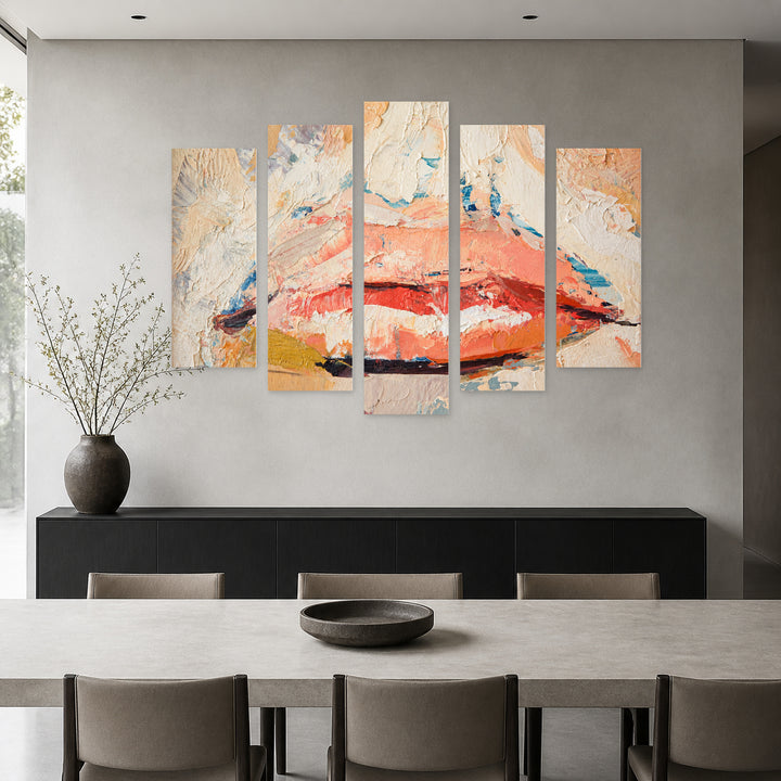 Abstract Art with Lips with Geometric Rhythm — five-panel wall art in frontal interior | 5wallart 55498 M3