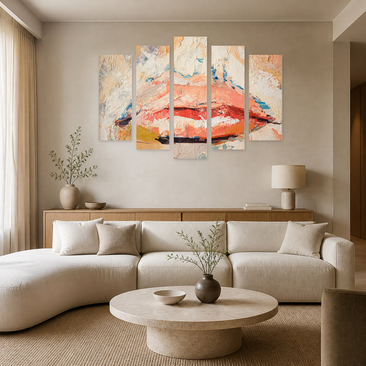 Abstract Art with Lips with Geometric Rhythm — five-panel wall art in alternate frontal interior | 5wallart 55498 M4