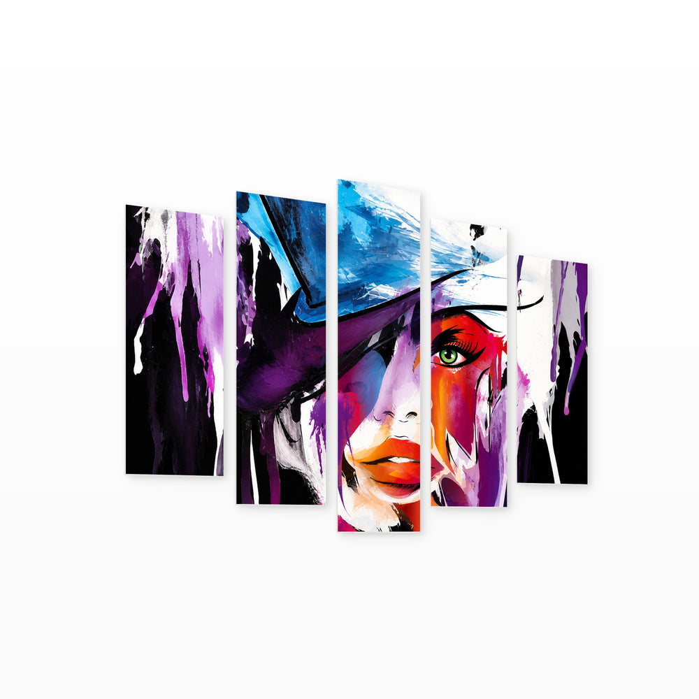 Abstract Female Face with Geometric Rhythm — five-panel wall art on white background in perspective | 5wallart 55499 M1