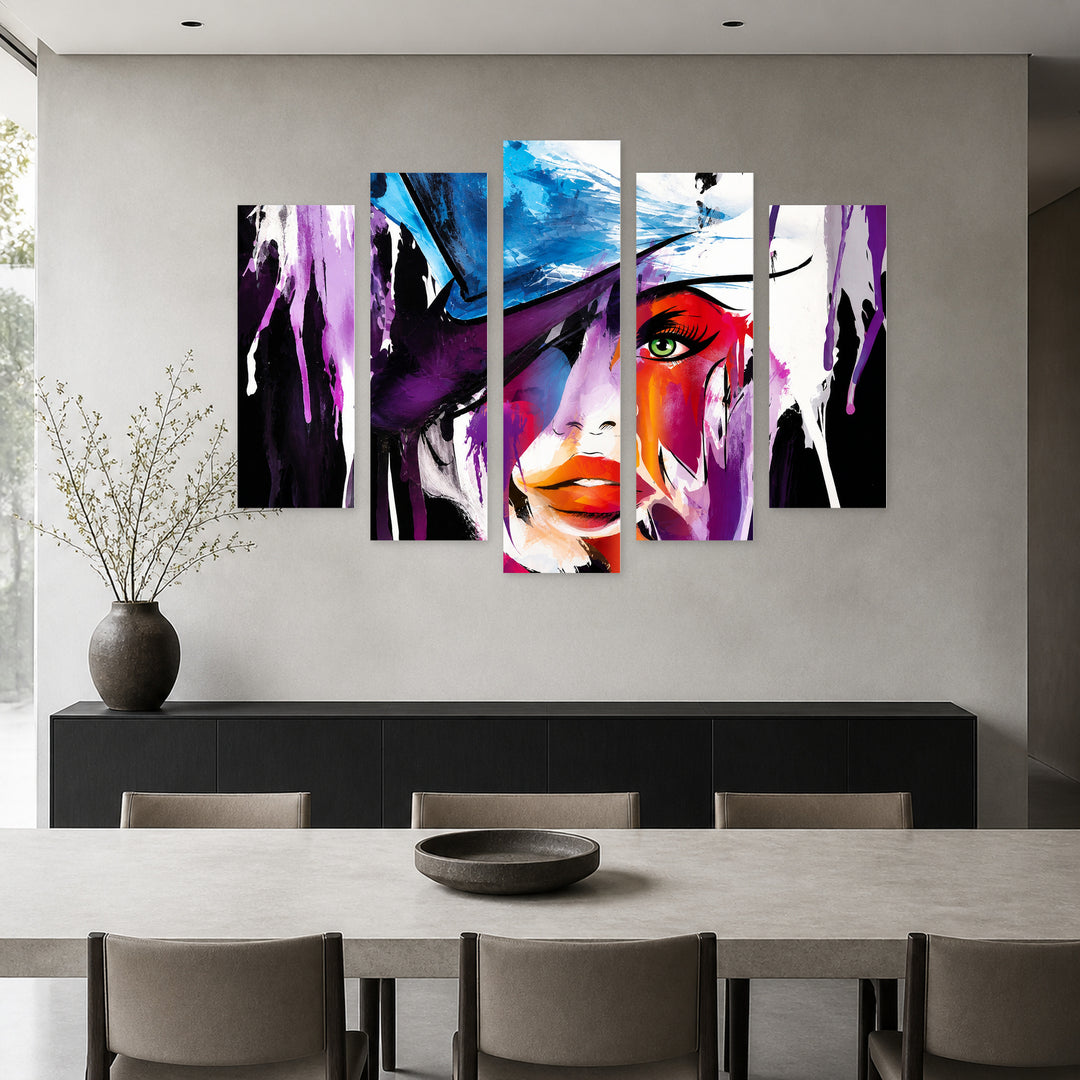 Abstract Female Face with Geometric Rhythm — five-panel wall art in alternate frontal interior | 5wallart 55499 M4