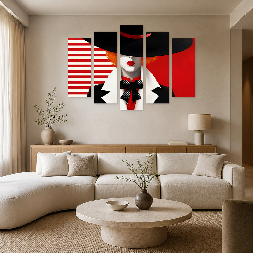 Fashion Illustration of a Woman in Pop Style — five-panel wall art in alternate frontal interior | 5wallart 55500 M4