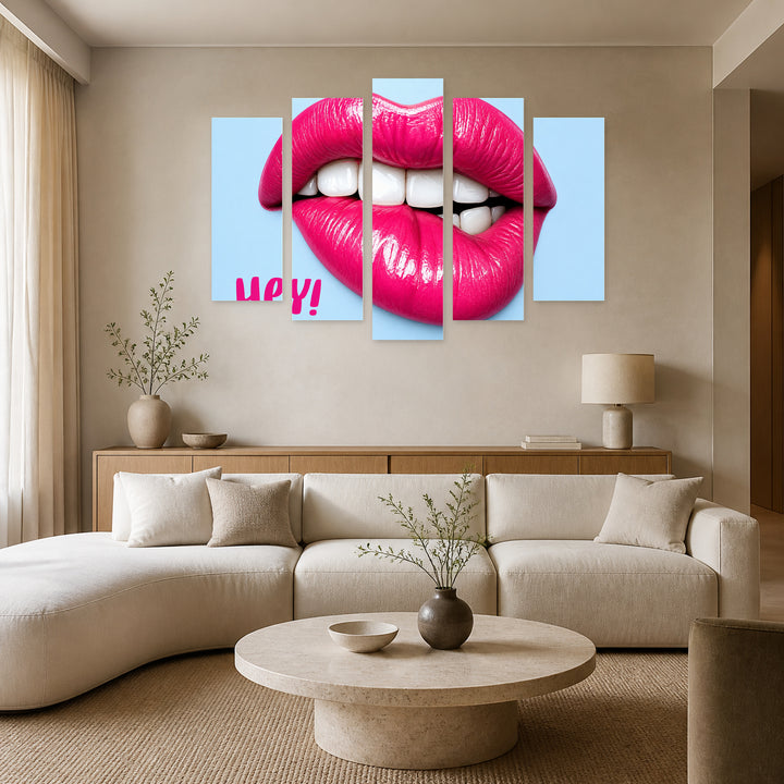 Sexy Lips with Inscription with Dramatic Contrast — five-panel wall art in frontal interior | 5wallart 55501 M3