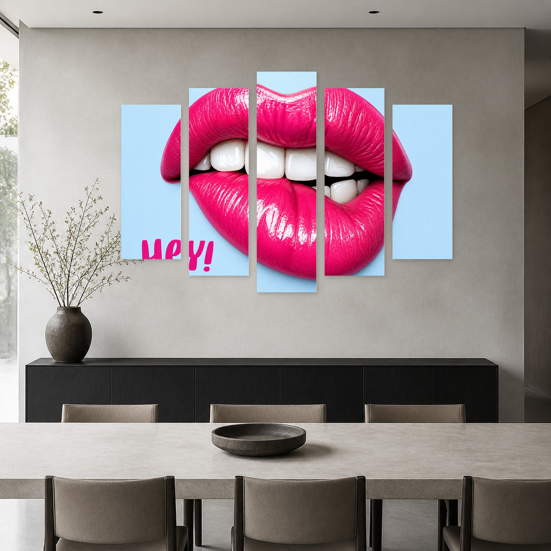 Sexy Lips with Inscription with Dramatic Contrast — five-panel wall art in alternate frontal interior | 5wallart 55501 M4
