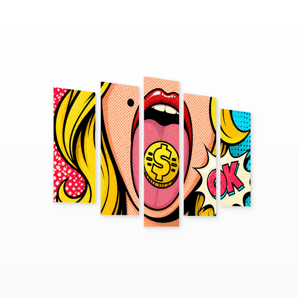 Pop Art Girl in Vivid Color — five-panel wall art on white background in perspective | 5wallart 55502 M1