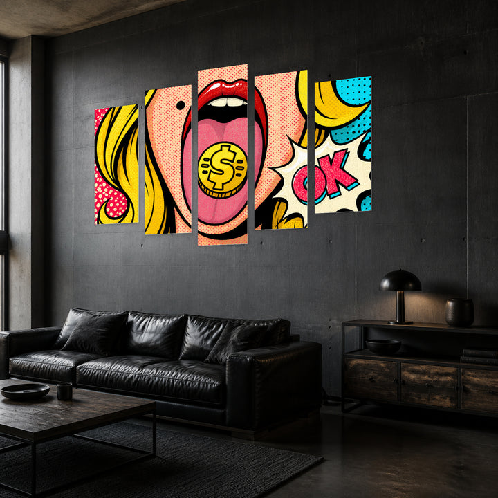 Pop Art Girl in Vivid Color — five-panel wall art in perspective interior | 5wallart 55502 M2