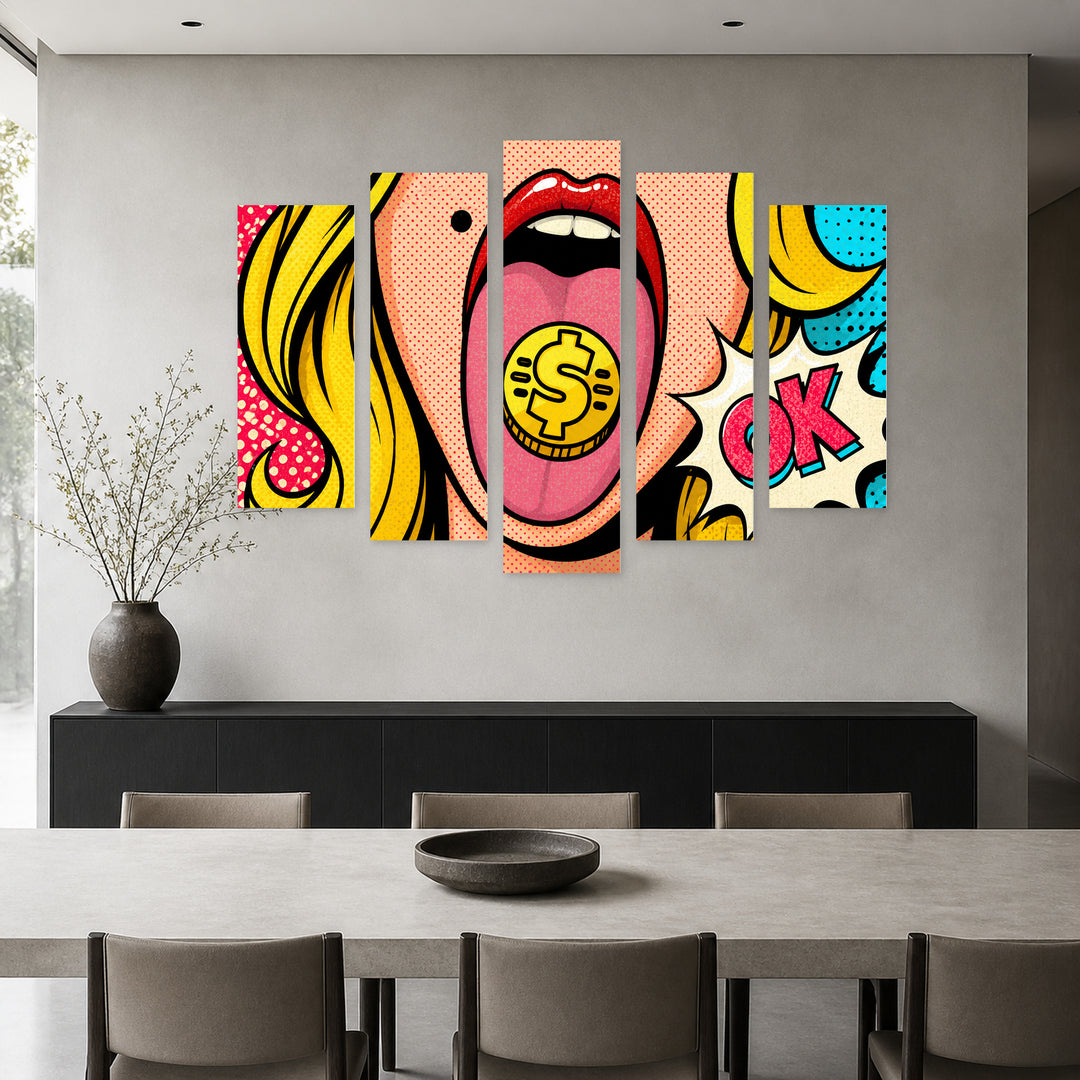 Pop Art Girl in Vivid Color — five-panel wall art in frontal interior | 5wallart 55502 M3