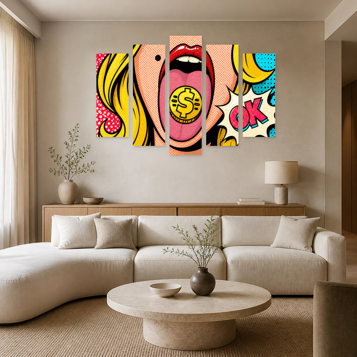 Pop Art Girl in Vivid Color — five-panel wall art in alternate frontal interior | 5wallart 55502 M4