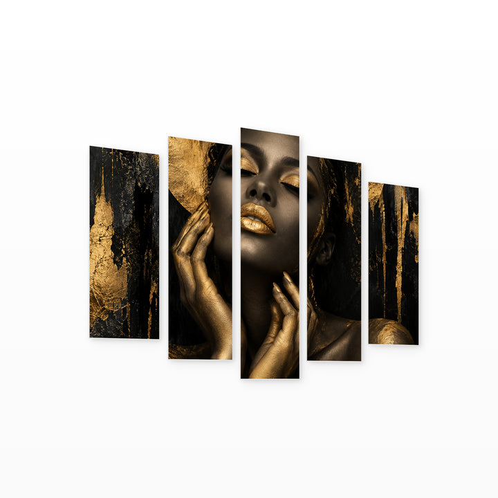 Woman with Golden Lips 2 Modern Composition — five-panel wall art on white background in perspective | 5wallart 55503 M1