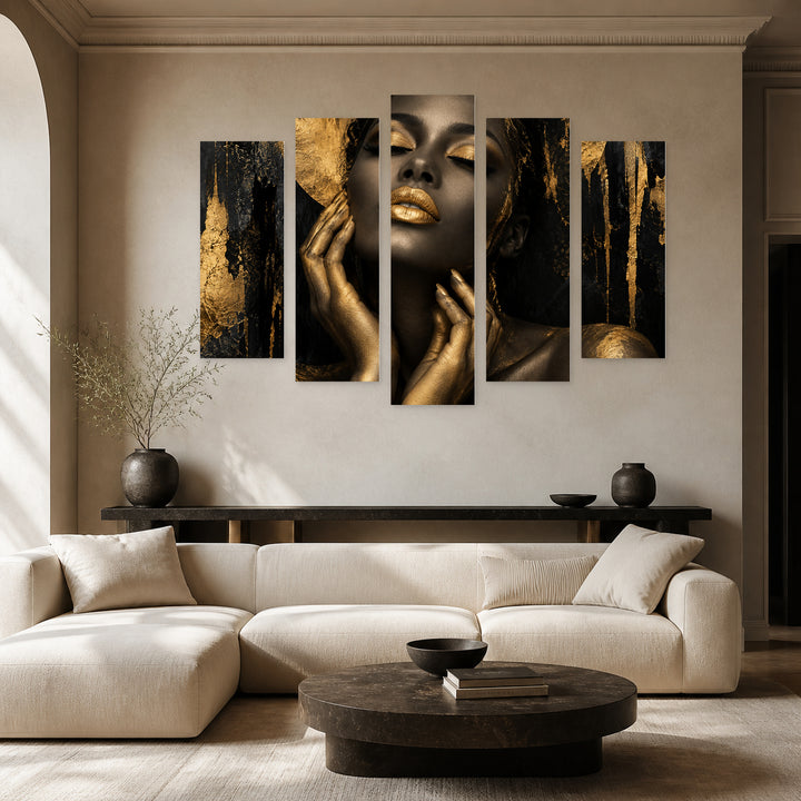Woman with Golden Lips 2 Modern Composition — five-panel wall art in frontal interior | 5wallart 55503 M3