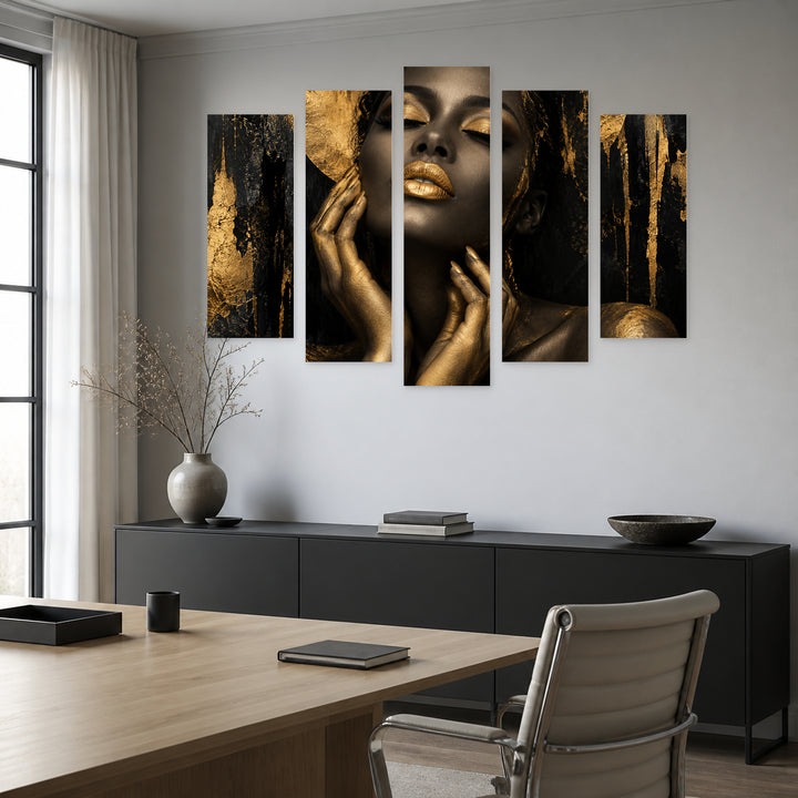 Woman with Golden Lips 2 Modern Composition — five-panel wall art in alternate frontal interior | 5wallart 55503 M4