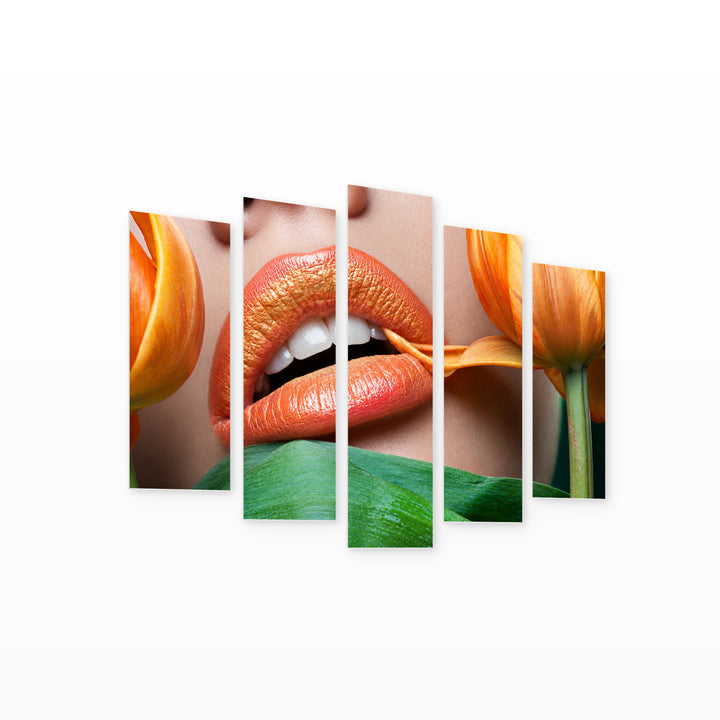 Orange Lips with Dramatic Contrast — five-panel wall art on white background in perspective | 5wallart 55504 M1